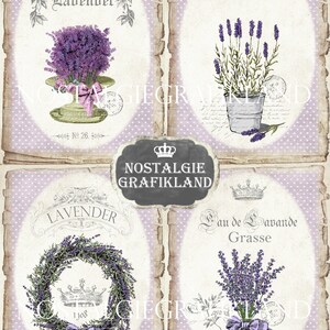 May include: Four vintage-style illustrations featuring lavender flowers and the text "Lavender", "Provence", "Nostalgia Grafikland", "Eau de Lavande Grasse", and "No. 26".