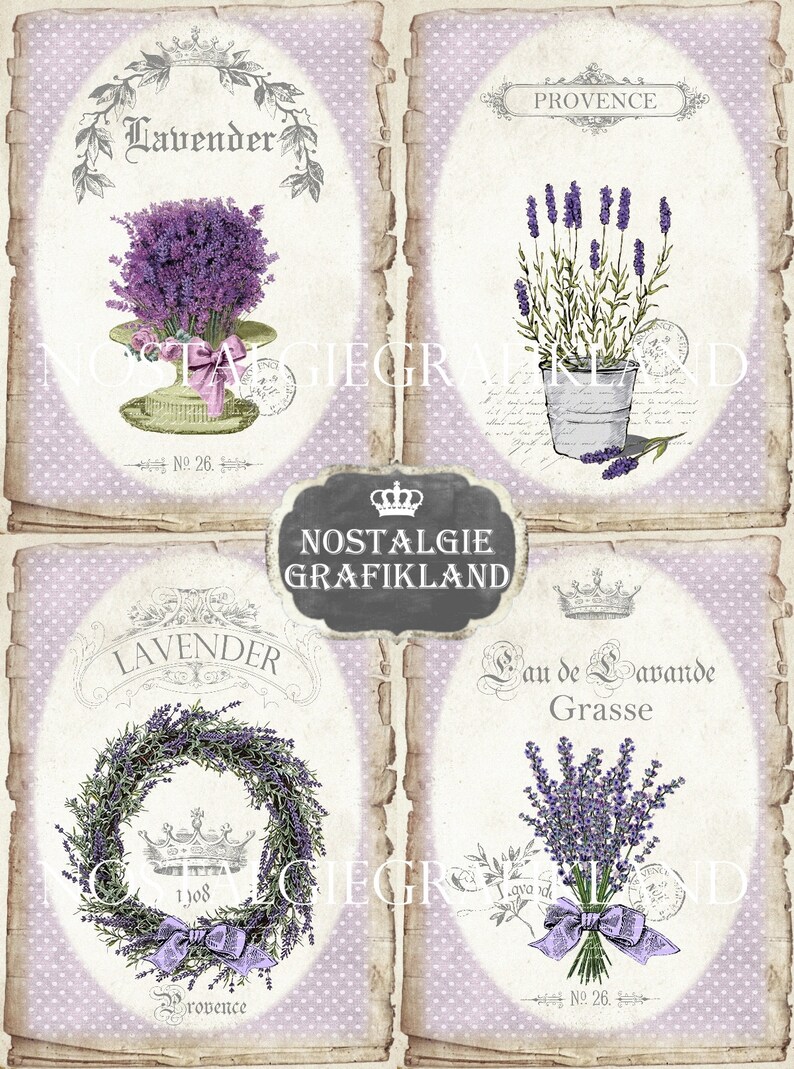 May include: Four vintage-style illustrations featuring lavender flowers and the text "Lavender", "Provence", "Nostalgia Grafikland", "Eau de Lavande Grasse", and "No. 26".