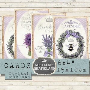 Cartões de lavanda imprimíveis Journaling Herbs Provence Shabby Chic 6x4 polegadas Baixar folha de colagem digital D220