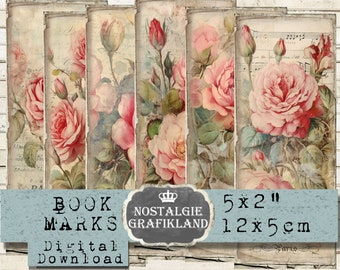 Roses Bookmarks printable Shabby Chic Bookmark Rose Journal Embellishments digital collage sheet Download BM051