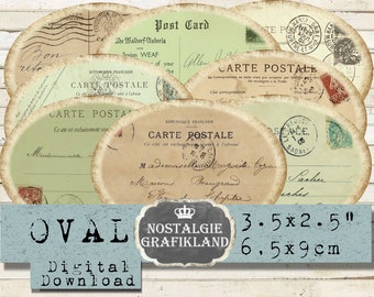 Ephemera Postcards French Carte Postale Poste Ovals 3.5 x 2.5 inch Instant Download digital collage sheet O103