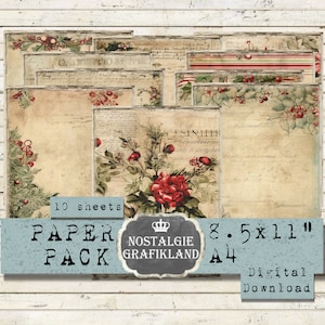 CHRISTMAS EPHEMERA digital Papers Red Borders Paper Pack Vintage X-mas Journaling Download sheet 8.5x11" PP125