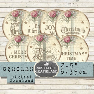 Palabras de Navidad Círculos Shabby Chic Mejores Deseos Saludos Noel Feliz Navidad Diario Descargar hoja de collage digital de 2,5 pulgadas C113
