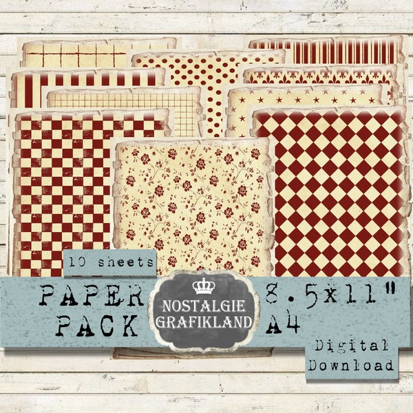 RED BEIGE Background Geometric printable Paper Pack Vintage Stripes Polka Dots Checked Journaling prints digital sheet 8.5x11" PP094