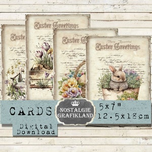 Salutations de Pâques cartes imprimables Ephemera Bunnie Eggs Spring Flowers vintage Journaling 5x7 pouces Télécharger feuille de collage numérique G079