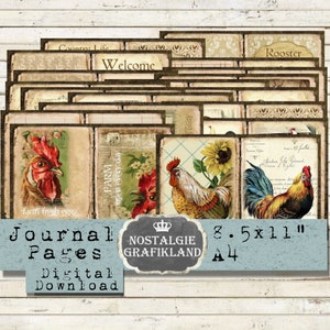 Páginas de diario ROOSTER & HEN, huevos frescos vintage de granja, material efímero rústico, hojas de collage digital para imprimir y descargar JPB035