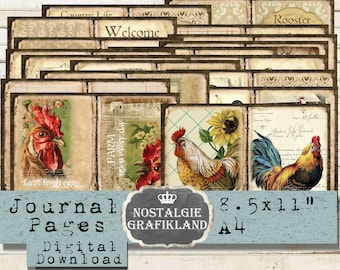 ROOSTER & HEN Journal Pages Farm Vintage Fresh Eggs Country Ephemera Rustic printable Download Prints digital collage sheet JPB035