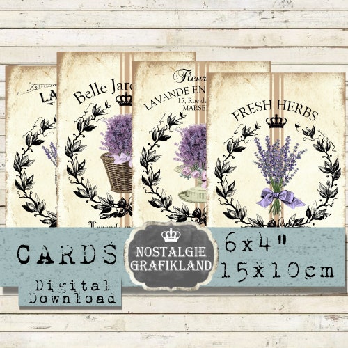 Biglietti di auguri alla lavanda francese in Provenza, ghirlanda di erbe aromatiche, fiori in sacco di grano, abbellimenti digitali per diario 6x4" D262