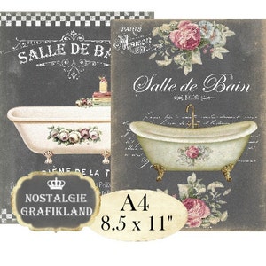 Bathroom Salle de Bain Le Bain Bath Bathtub Chalkboard Shabby Chic A4 Instant Download digital collage sheet A110
