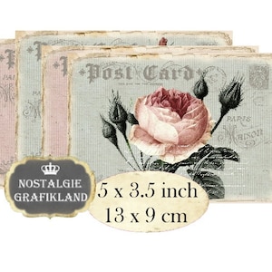 Pocztówki Róże Shabby Chic Kwiaty Carte Postale 5 x 3,5 cala do druku Natychmiastowe pobieranie cyfrowy arkusz kolażu scrapbooking P149