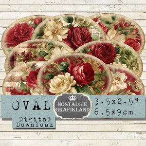 Rode rozen ovale afdrukbare etiketten kerstroos 3,5 x 2,5 inch direct downloaden digitaal collageblad O86