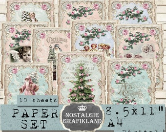 May include: A digital paper set with 10 sheets of vintage Christmas designs. The designs feature angels, Santa Claus, Christmas trees, and other festive imagery. The paper is 8.5 inches by 11 inches and is perfect for scrapbooking, card making, and other craft projects.