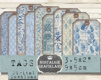 May include: Set of eight digital printable tags with blue and white patterns. The tags are 3.5 x 2 inches or 9 x 5 cm. The text on the tags reads "TAGS" and "NOSTALGIE GRAFIKLAND".