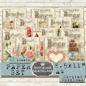 Happy Birthday Papers Congratulazioni Paper Pack Set Scrapbook stampabile Vintage Digital Scarica il foglio di collage digitale PPS018