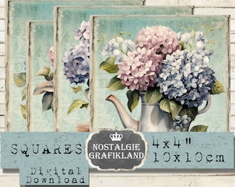 Hydrangea Squares printable 4x4 Flowers Hortensia Coaster Tiles Squares Download digital collage sheet TG134