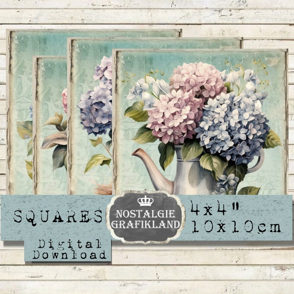 Hydrangea Squares printable 4x4 Flowers Hortensia Coaster Tiles Squares Download digital collage sheet TG134