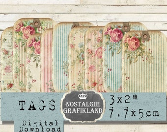 Etiquetas de fondo Shabby Chic imprimibles para diario, rayas, lunares y rosas, hoja de collage digital T118