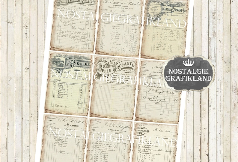 Pode incluir: Nove p&aacute;ginas de papel de estilo vintage com texto escrito &agrave; m&atilde;o e bordas desbotadas. As p&aacute;ginas est&atilde;o dispostas em uma grade e apresentam textos e designs de inspira&ccedil;&atilde;o francesa. As p&aacute;ginas s&atilde;o perfeitas para scrapbooking, cria&ccedil;&atilde;o de cart&otilde;es ou outros projetos de artesanato.