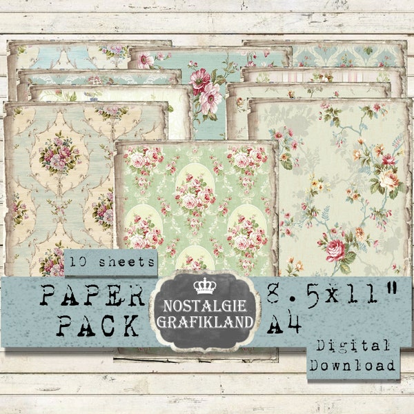 Le paquet de papier numérique éphémère de roses SHABBY CHIC est imprimable pour la journalisation de bandes vintage, collage de téléchargement 8,5 x 11" PP027