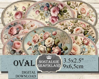 May include: A collection of oval-shaped digital download designs featuring floral arrangements of pink, white, and blue roses. Each design has a black and white checkered border. The text on the image reads "OVAL", "NOSTALGIE GRAFIKLAND", "DIGITAL DOWNLOAD", and measurements of 3.5x2.5 inches.
