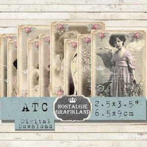 Anioły do wydrukowania Portret Romantyczny Francuski Boże Narodzenie Shabby Chic Noel Vintage Karty ATC Dziennik Pobierz ATC cyfrowy arkusz kolażu S199