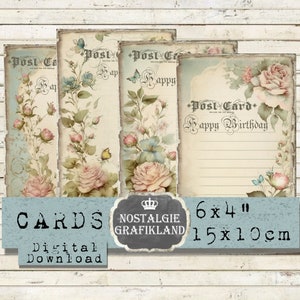 Verjaardagskaarten afdrukbare Shabby Chic Faded Roses 6x4 Instant Download digitale collageblad D118