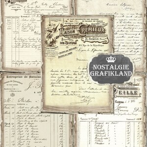 May include: A vintage-style collage of images and text, featuring a black and white illustration of a crown, a handwritten note with the text "NOSTALGIE GRAFIKLAND", and several handwritten documents with French text. The documents include a business card for a shoemaker, a receipt, and a letter.