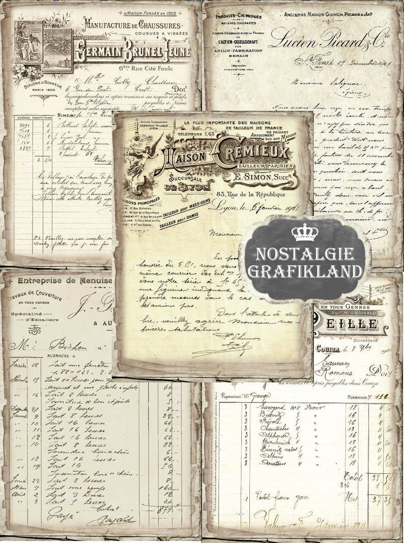 May include: A vintage-style collage of images and text, featuring a black and white illustration of a crown, a handwritten note with the text "NOSTALGIE GRAFIKLAND", and several handwritten documents with French text. The documents include a business card for a shoemaker, a receipt, and a letter.