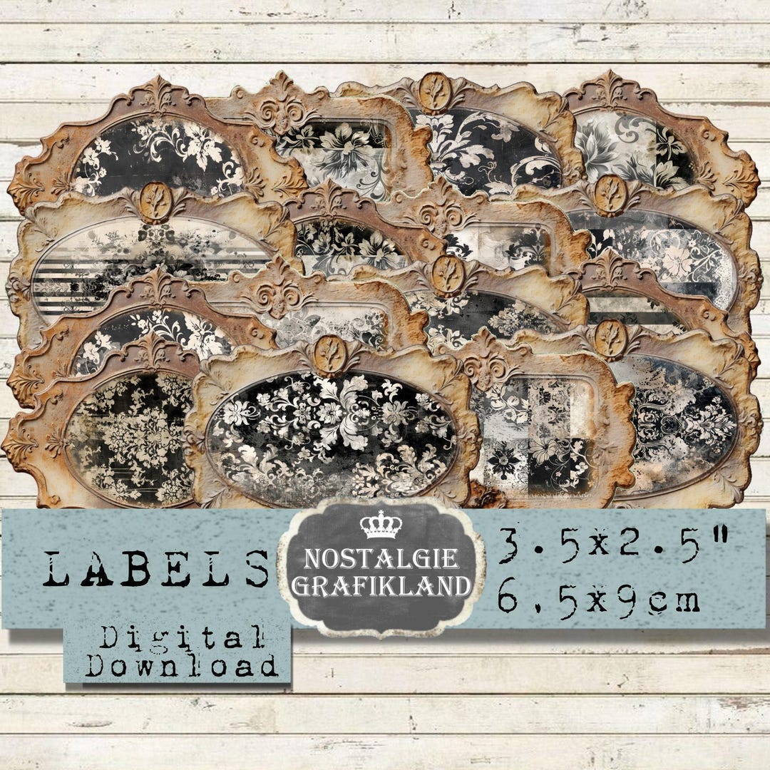 Bahan Rustic Label Black Damask Metal Tags Rustic Labels Vintage Journaling Ephemera ...