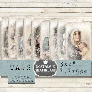 Madonna & Child Tags Descarga instantánea hoja de collage digital Shabby Chic Religiosa Santa María T092