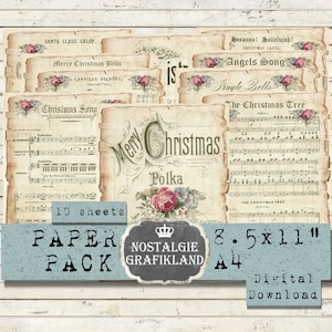 KERST Afdrukbare bladmuziek Paper Pack digitale notities Journaling wordt afgedrukt Lied Jingle PDF Junk Journaling Digitale collage downloaden PP124