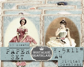 May include: A set of 10 digital paper sheets featuring vintage illustrations of ballerinas in pink and white dresses. The paper sheets are 8.5 x 11 inches and are perfect for scrapbooking, card making, and other crafting projects. The text "Nostalgie Grafikland" is also included in the image.
