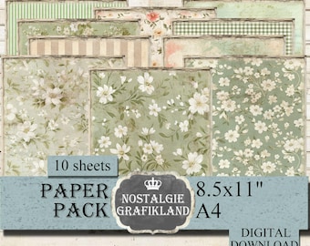 SAGE GREEN Background printable Paper Pack digital Papers Floral Journaling Spring 8.5x11" PP107