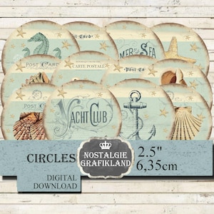 Nautical Maritime Circles Seashells Seahorse Seastars Sea Ocean Beach Summer printable 2.5" digital C179
