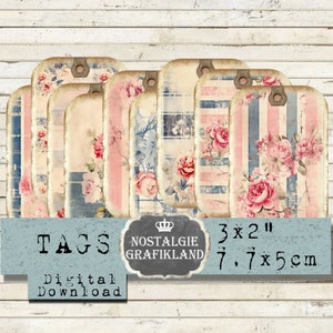 Faded Roses Tags afdrukbaar Journaling Shabby Flowers Floral Journaling Tags Download digitaal collageblad T182