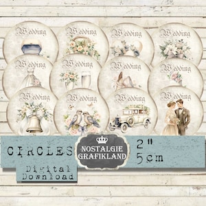 Cerchi nuziali 2 pollici Shabby Chic Floral Marriage Words Journaling Download immediato foglio di collage digitale C070