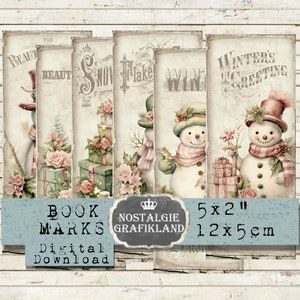Segnalibri pupazzo di neve stampabile Pupazzi di neve Inverno Shabby Chic Journaling Abbellimenti foglio collage digitale Scarica BM053