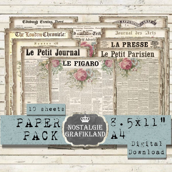 NEWSPAPER printable Old Paper Pack Vintage Paris London Rom digital Journal prints Journaling Magazine Download digital sheet 8.5x11"  PP101