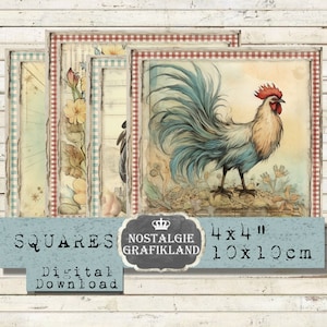 Rooster Farm Squares imprimable 4x4 Farming Coaster Country Rustic Tiles Télécharger la feuille de collage numérique TG141