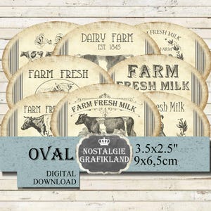 Farm Fresh Milk Cow Farming Labels printable Ovals Journaling Download 3.5x 2.5 digital  O139