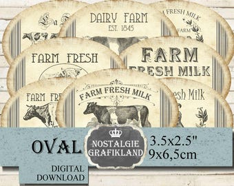 Farm Fresh Milk Cow Farming Labels printable Ovals Journaling Download 3.5x 2.5 digital  O139
