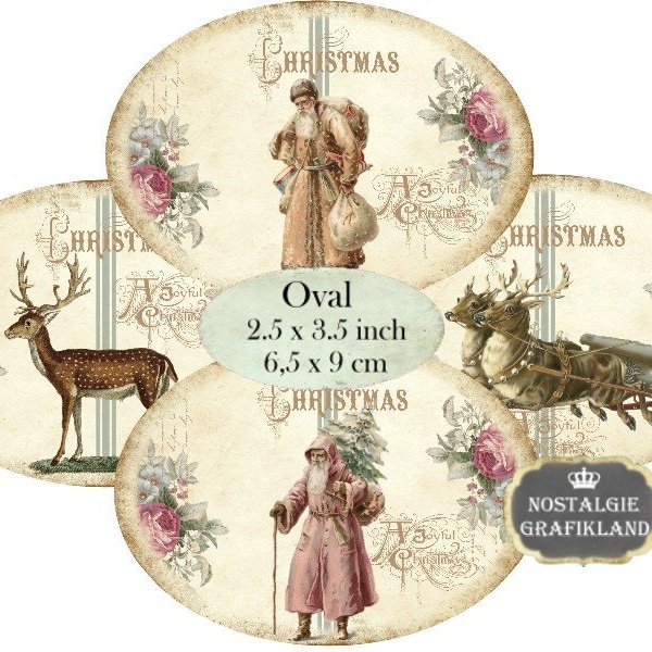 Kerst Shabby Chic Labels Rendieren Kerstman Ovalen 3,5 x 2,5 inch Instant Download digitale collage blad O147