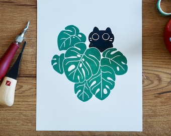 Cat in Monstera Linocut Print (8x10) / Handmade