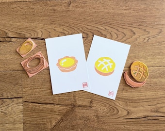 Hand Carved Linocut Print | Egg Tart, Pineapple Bun Bakery Art (4x6)