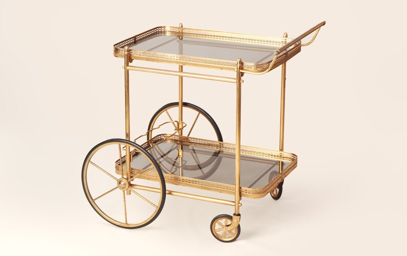 60s Brass & Glass Big Wheel Bar Cart / Mid Century Gold Plated Etsy