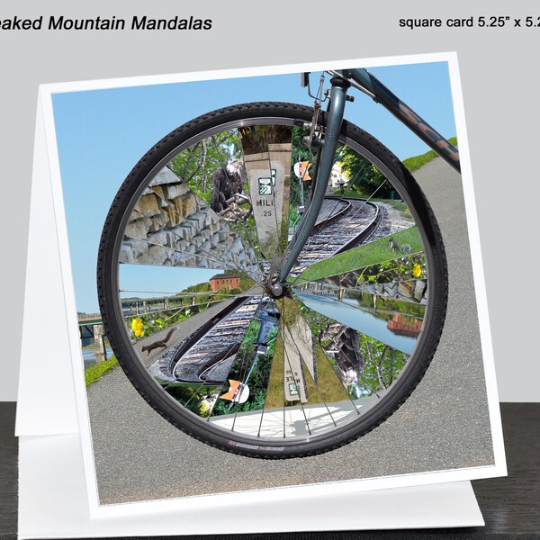 Kaleidoscopic bicycle note card ~ Maine rail trail scenes ~ square or rectangular (A6), blank inside ~ bicycle mandala