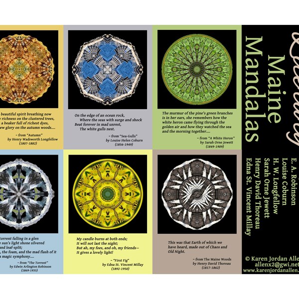 Literary Maine Mandala Note Cards ~ Boxed set of 6 blank cards with quotations and nature mandala images