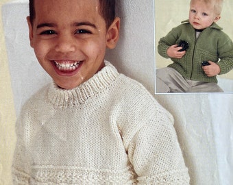 Baby to Boys Aran Sweater and Jackets in Supersoft wool. Child's classic jumper and Cardigan.  Knitting Pattern 0059