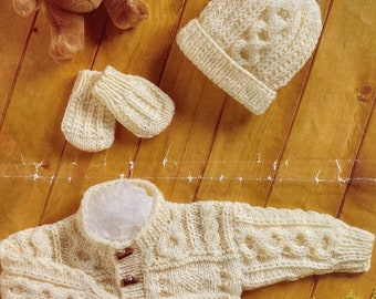 Baby Aran Cardigan, Hat and Mittens set. Beautiful Snuggly newborn or baby shower gift. Classic design. Knitting Pattern 0065