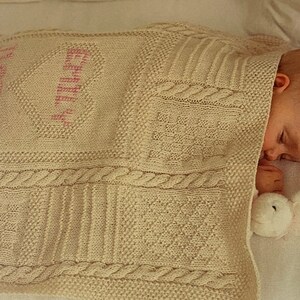 Baby Birth Day Blanket, baby shower classic detailed keepsake with childs name and DofB embroidered in  Unique Gift. Knitting Pattern 0026.